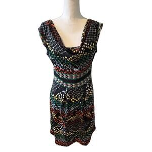 BCBGMAXAZRIA Cowl Neck Summer Dress Colorful Whimsical Print M